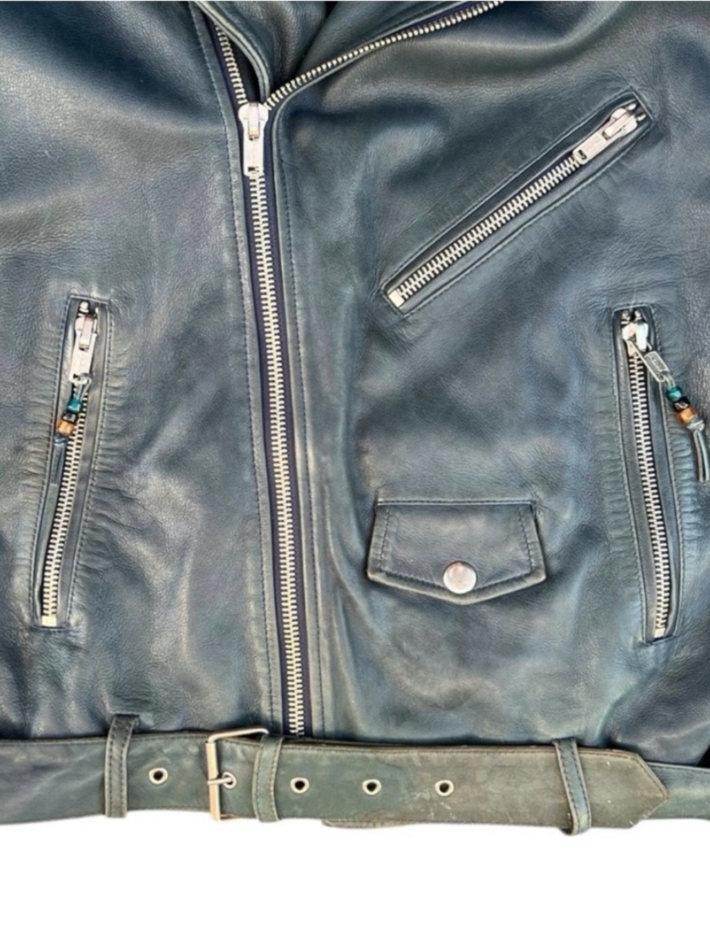 Men's Blue Leather Biker Jacket - Classic Moto Style - Picture 7 of 10